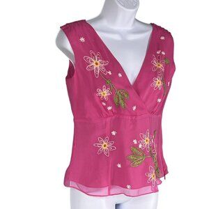 Silkland Women S Babydoll Embroidered Pink 100% Silk Tank Whimsical Blouse Fairy